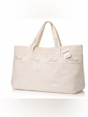 Victorias Secret PINK Bling Tote Bag Cream Rhinestone Canvas NWT girly sparkle